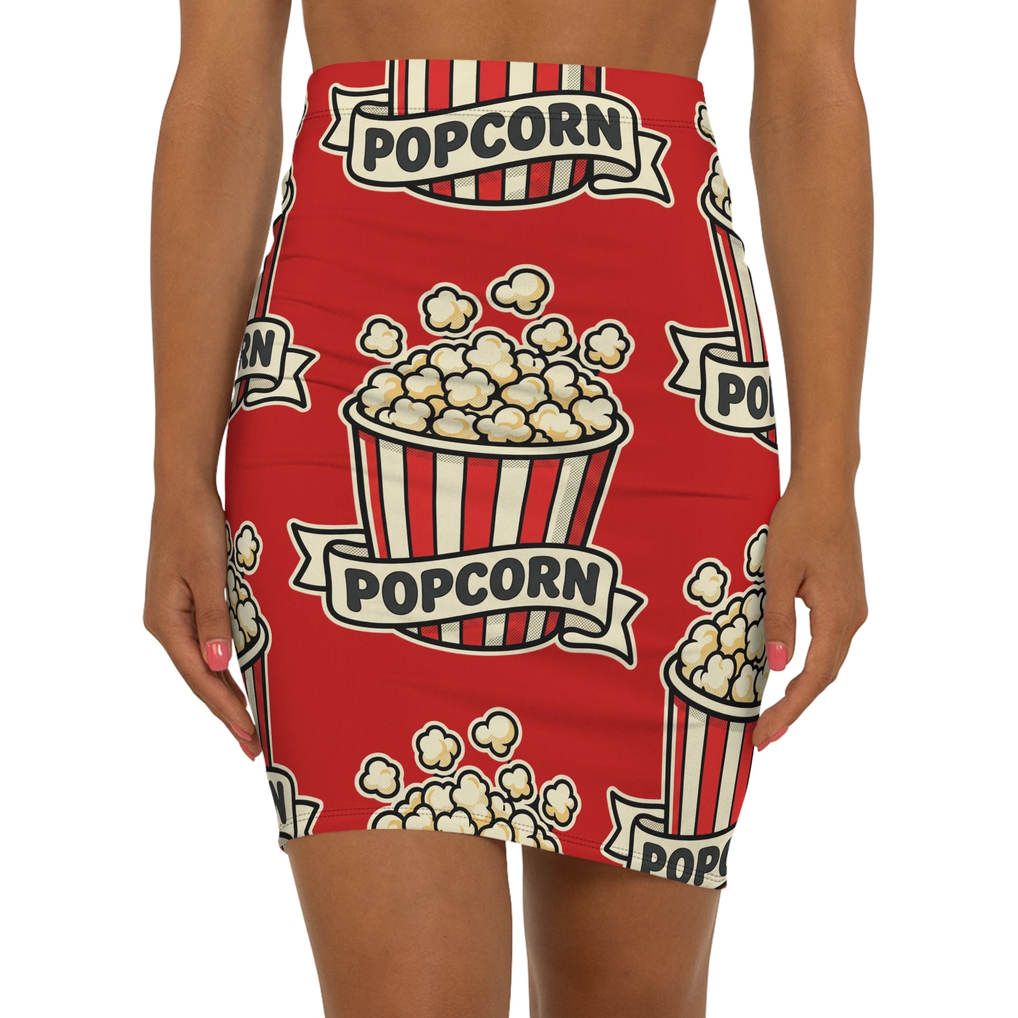 Popcorn Print Pencil Skirt — Retro Popcorn Graphic Women's Mid-Waist Skirt