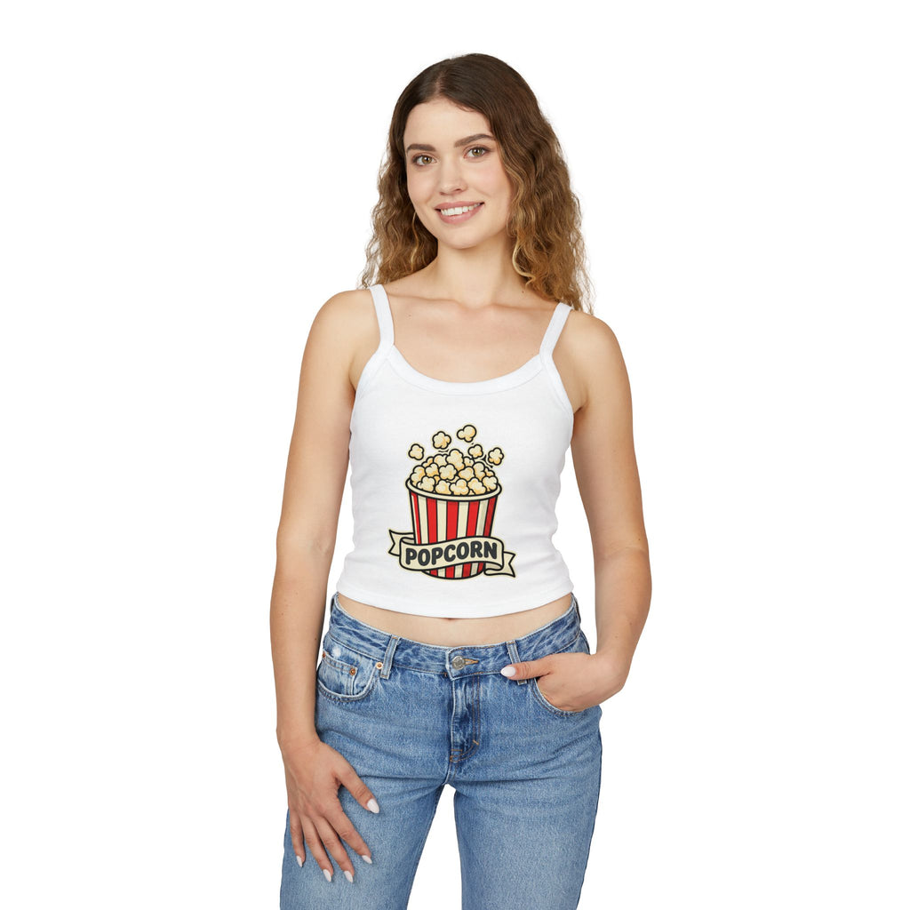 Popcorn Graphic Crop Tank — Women's Spaghetti Strap Movie Night Top