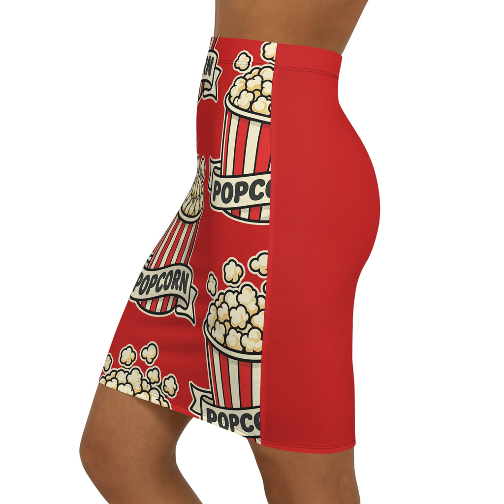 Popcorn Print Pencil Skirt — Retro Popcorn Graphic Women's Mid-Waist Skirt